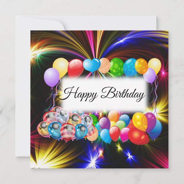 Elegant, Colourful Balloons, Fireworks, Birthday Card (Front)