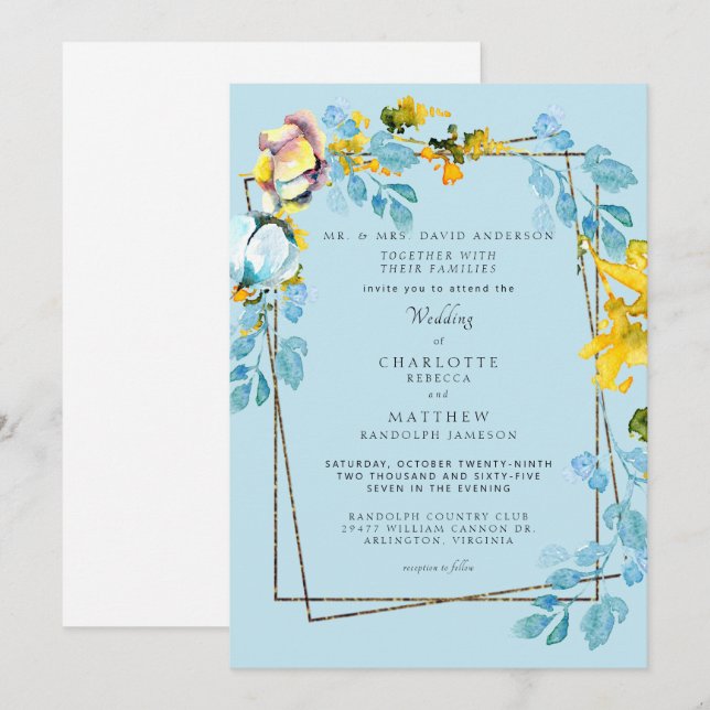 Elegant Colourful Blue & Yellow Floral Wedding  Invitation (Front/Back)