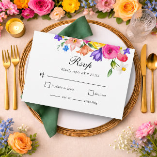 Elegant  Colourful Bold Watercolor Floral wedding RSVP Card