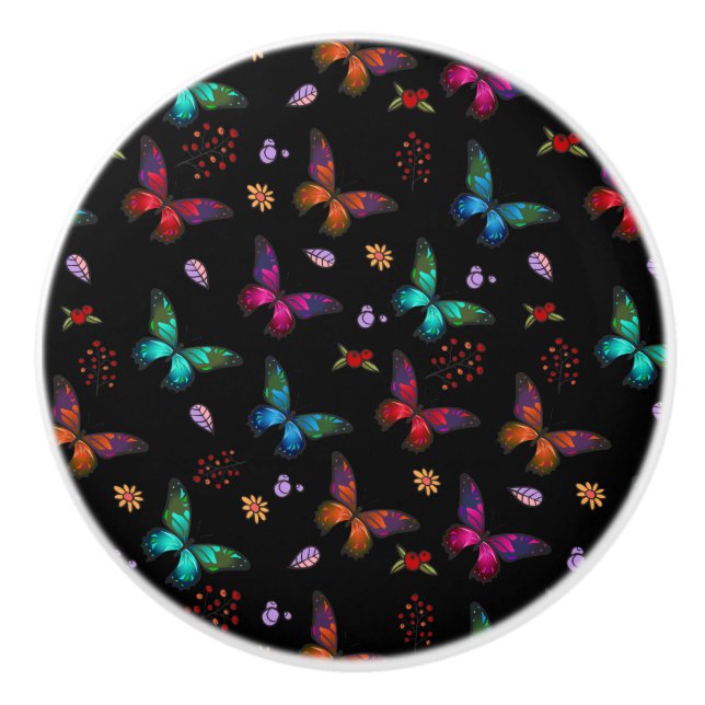 Elegant Colourful Butterflies on Black Ceramic Knob (Front)