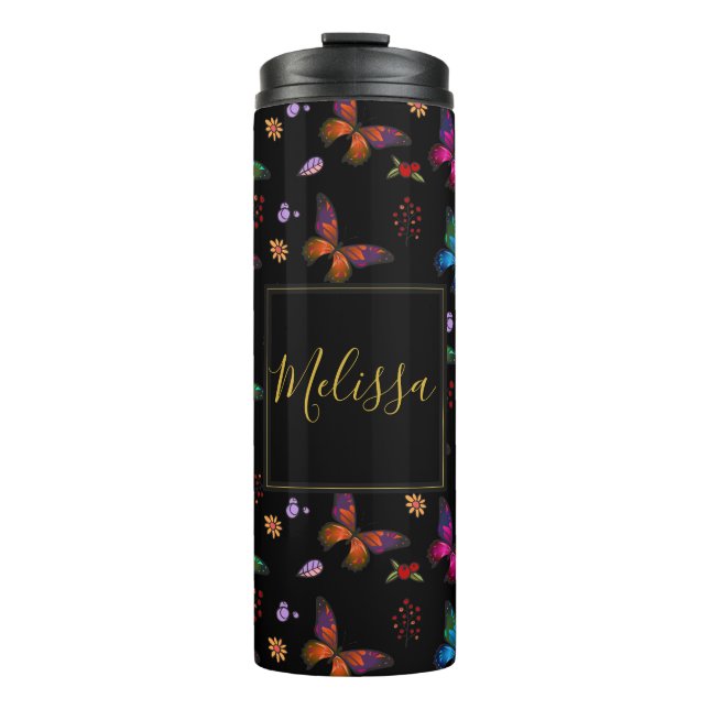 Elegant Colourful Butterflies on Black Custom Thermal Tumbler (Front)