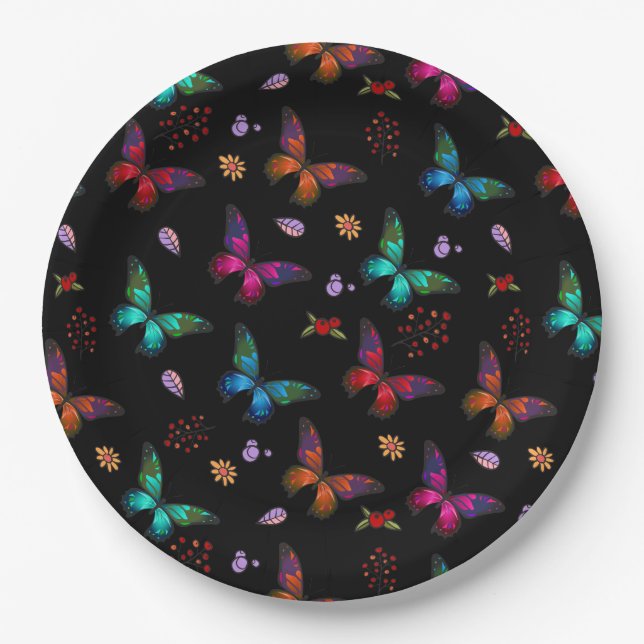 Elegant Colourful Butterflies on Black Paper Plate (Front)