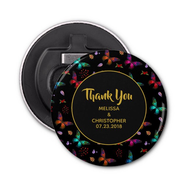 Elegant Colourful Butterflies on Black Thank You Bottle Opener (Front)