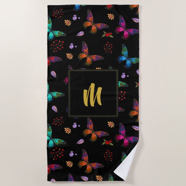 Elegant Colourful Butterflies on Black /w Monogram Beach Towel (Front)