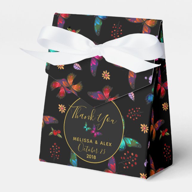 Elegant Colourful Butterflies on Black Wedding Favor Box (Front Side)
