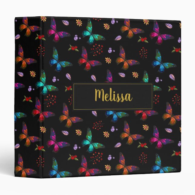 Elegant Colourful Butterflies Pattern on Black Binder (Front/Spine)