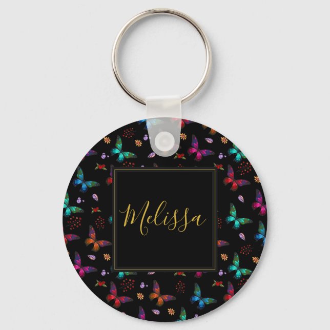Elegant Colourful Butterflies Pattern on Black Keychain (Front)