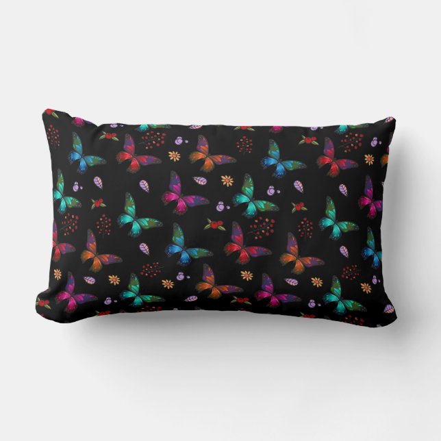 Elegant Colourful Butterflies Pattern on Black Lumbar Pillow (Front)