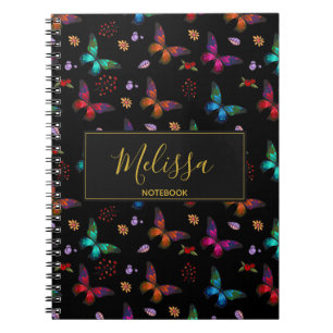 Elegant Colourful Butterflies Pattern on Black Notebook