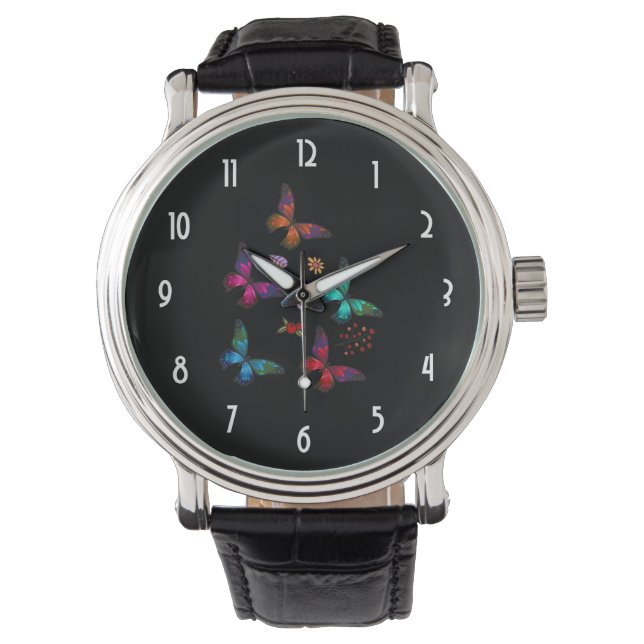 Elegant Colourful Butterflies Pattern on Black Watch (Front)