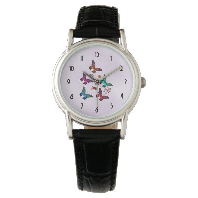 Elegant Colourful Butterflies Pattern on Pink Watch (Front)