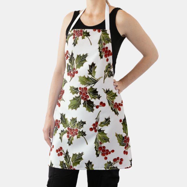 Elegant Colourful Cheery Christmas Holly Apron (Insitu)