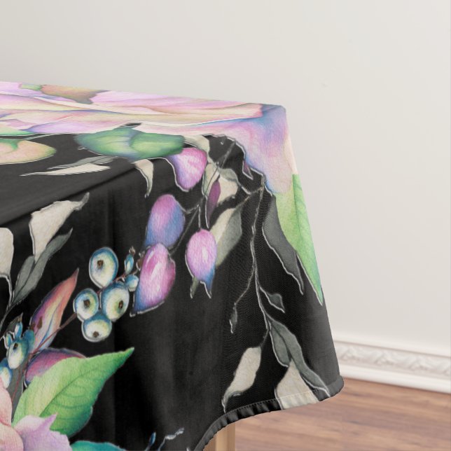 Elegant Colourful Coral Pink Flowers Floral Black Tablecloth (In Situ)