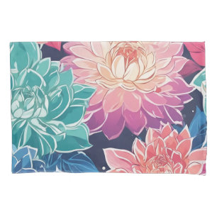 Elegant Colourful Dahlia Flowers on Dark Backgroun Pillowcase