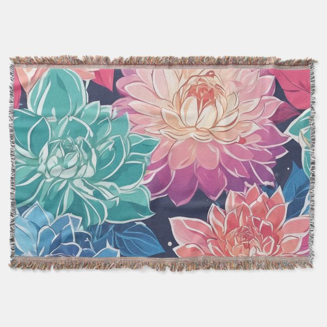 Elegant Colourful Dahlia Flowers on Dark Backgroun Throw Blanket (Front)