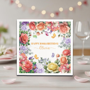 Elegant Colourful Floral 100th Birthday Party Napkin