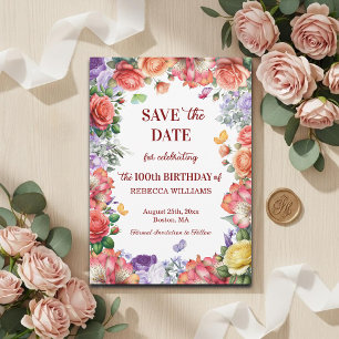 Elegant Colourful Floral 100th Birthday Party Save The Date