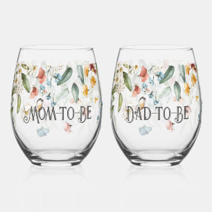 Elegant Colourful Floral Drop l Mom & Dad-to-Be Stemless Wine Glass