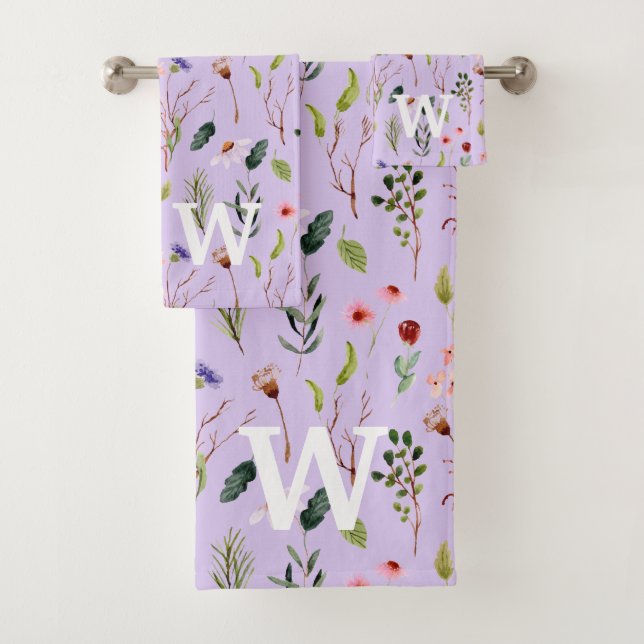 Elegant Colourful Floral Personalized Monogram Bat Bath Towel Set (Insitu)