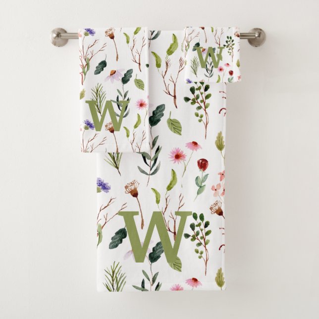 Elegant Colourful Floral Personalized Monogram Bath Towel Set (Insitu)