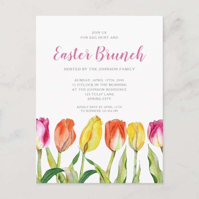 Elegant Colourful Floral Tulip Easter Brunch Invitation Postcard (Front)