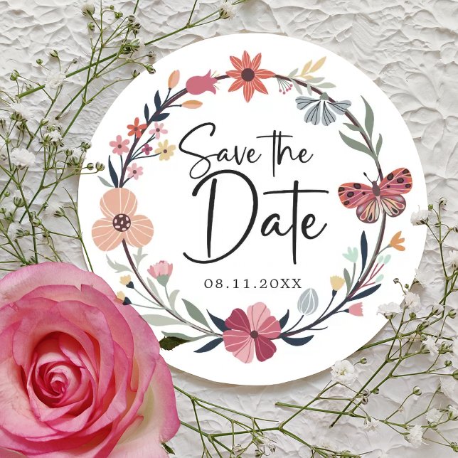 Elegant Colourful Floral Wreath Wedding  Classic Round Sticker (Creator Uploaded)