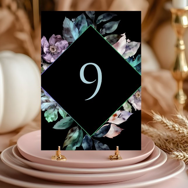 Elegant colourful florals black wedding  table number (Creator Uploaded)