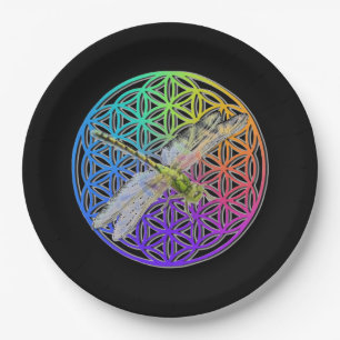 Elegant colourful flower of life dragonfly art paper plate