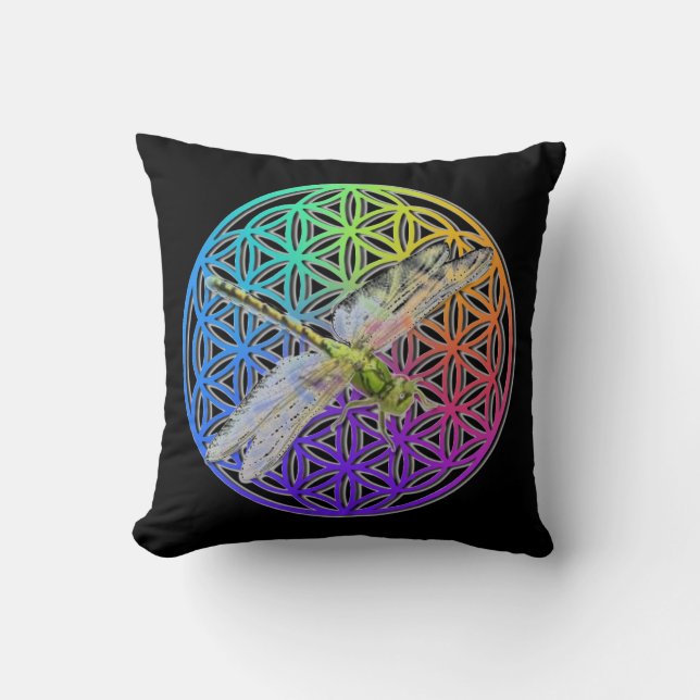 Elegant colourful flower of life dragonfly art throw pillow (Front)