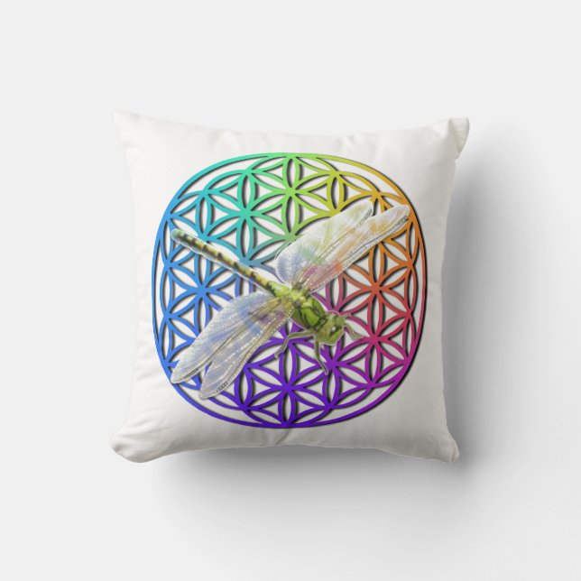 Elegant colourful flower of life dragonfly art throw pillow (Front)