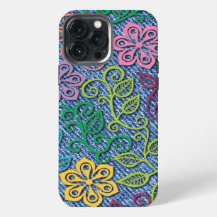 Elegant Colourful Flower Pattern Denim Blue Jeans iPhone 13 Pro Max Case