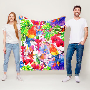 Elegant Colourful Flowers And Parrot Bird Fleece Blanket