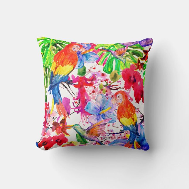 Elegant Colourful Flowers And Parrot Bird Throw Pillow (Front)
