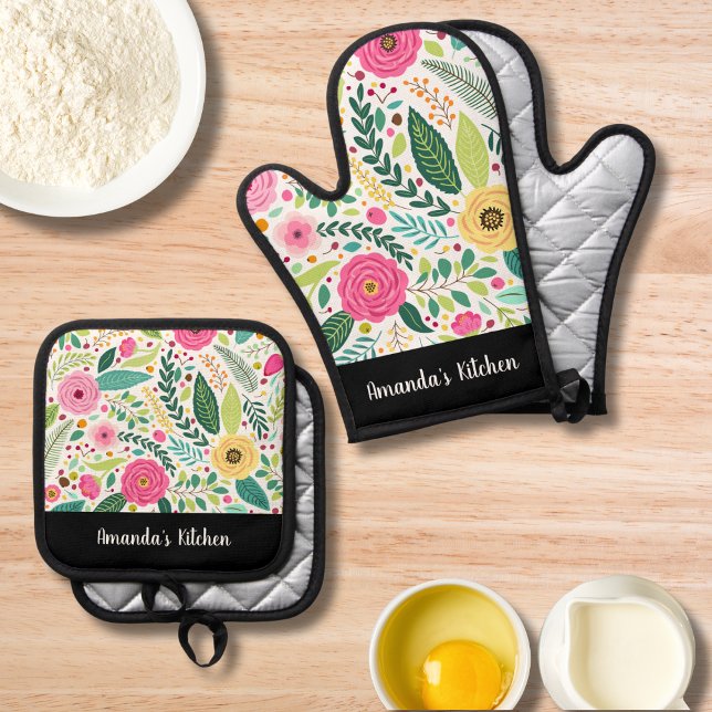 Elegant Colourful Flowers & Kraft Personalized Gif Oven Mitt & Pot Holder Set (Creator Uploaded)