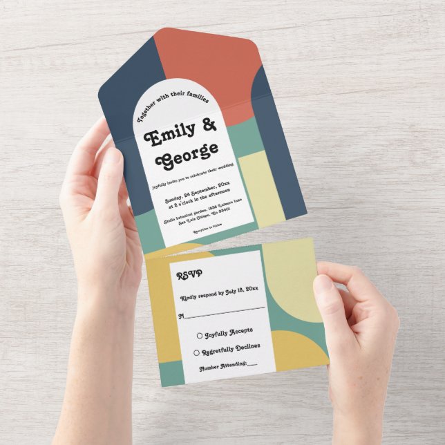 Elegant Colourful Groovy 70s Abstract Art Wedding All In One Invitation (Tearaway)