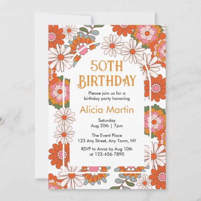 Elegant Colourful Groovy Flower & Leaf Birthday Invitation (Front)