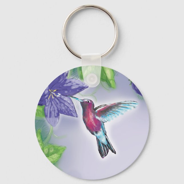 elegant colourful hummingbird and purple flowers keychain (Front)