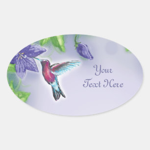 elegant colourful hummingbird and purple flowers oval sticker
