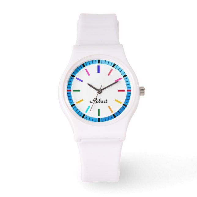 Elegant colourful modern minimalist name on face watch (Front)