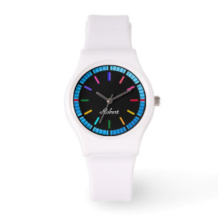 Elegant colourful on black minimalist name on face watch