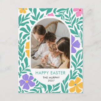 Elegant Colourful Oval Floral Easter Family Photo Holiday Postcard