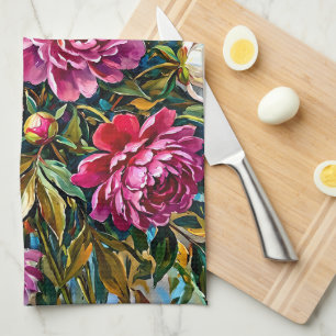 Elegant Colourful Painted Peony Flowers Kitchen Towel
