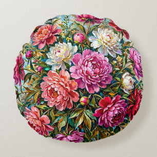 Elegant Colourful Painted Peony Flowers Round Pillow