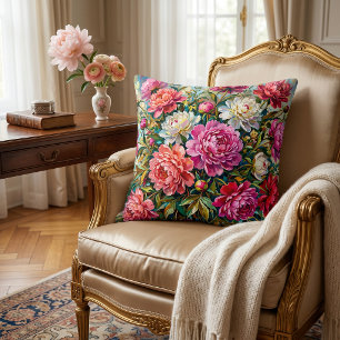 Elegant Colourful Painted Peony Flowers Throw Pillow