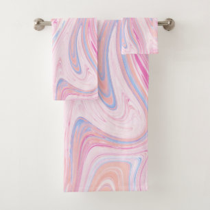 Elegant colourful pastel pink blue orange marble bath towel set