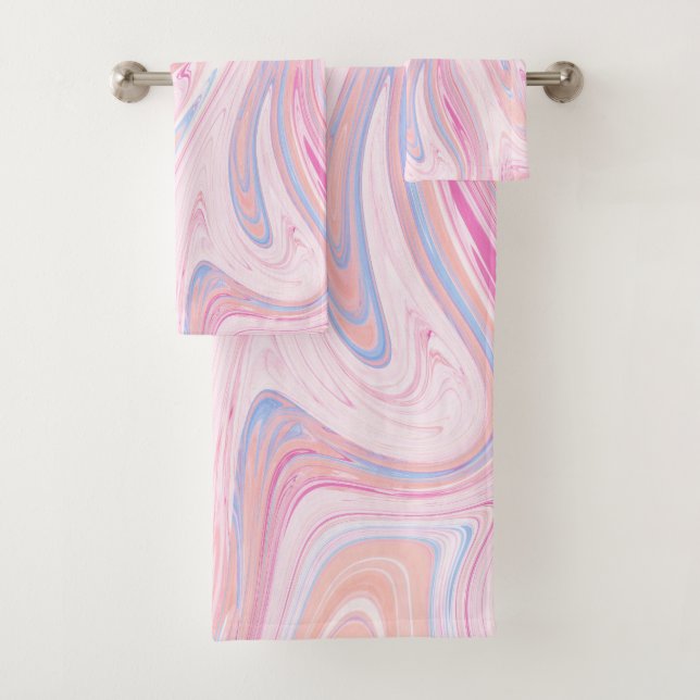 Elegant colourful pastel pink blue orange marble bath towel set (Insitu)