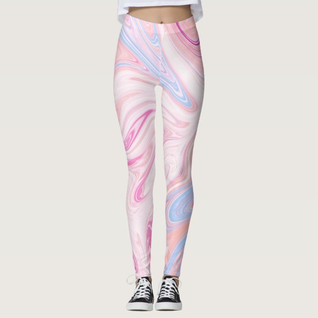 Elegant colourful pastel pink blue orange marble leggings (Front)