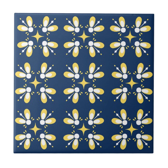 Elegant colourful pattern l Navy blue and yellow Tile (Front)