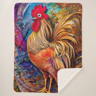 Elegant Colourful Patterned Rooster Sherpa Blanket
