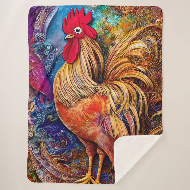 Elegant Colourful Patterned Rooster Sherpa Blanket (Front)